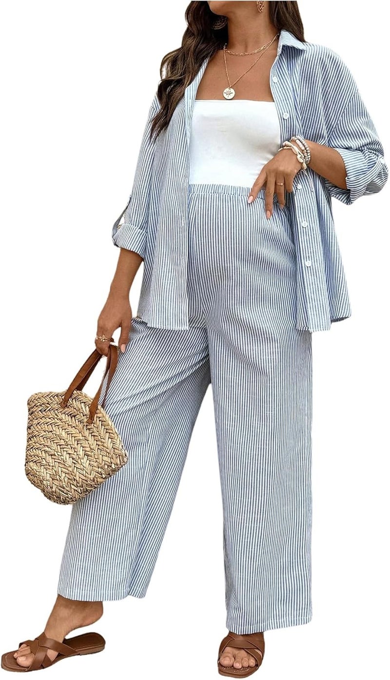 MakeMeChic Women's Maternity Clothes 2 Piece Fall Outfits Striped Button Down Shirt and Pants Pregnancy Sets - Image 1